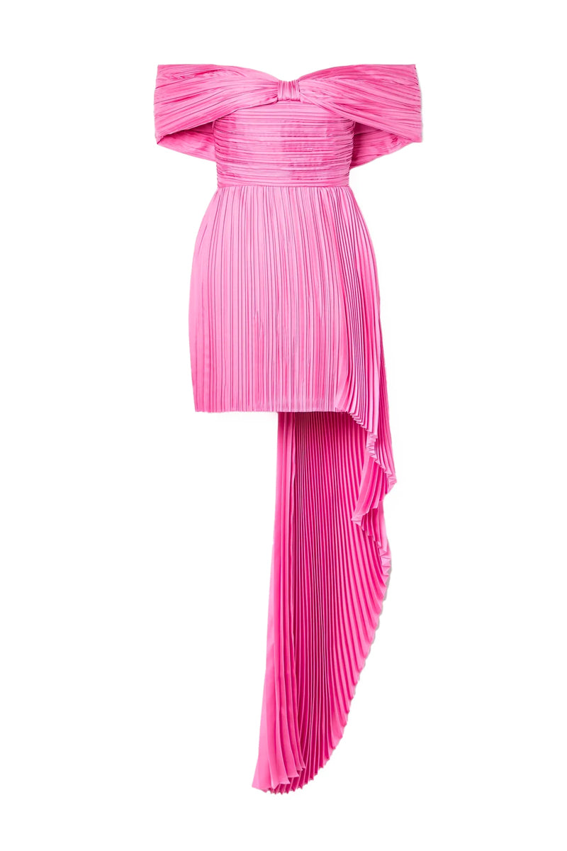 OFF-THE-SHOULDER ASYMMETRIC PLISSÉ SILK-CHARMEUSE MINI DRESS IN PINK - CULT MIA