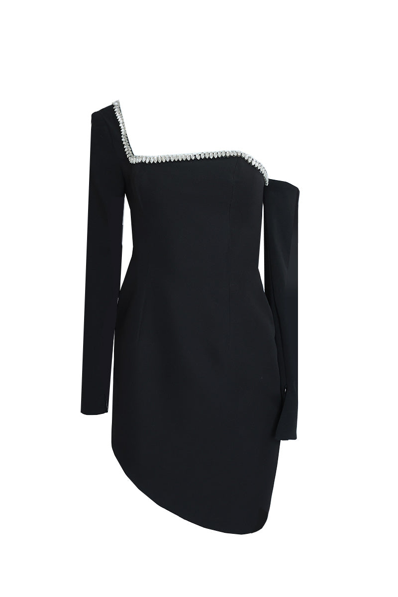 BLACK DRESS WITH EMBELLISHED CHEST HEM - CULT MIA