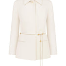White and gold belted jacket by Delegan displayed on a ghost mannequin, front view showing stylish design and belt details.
