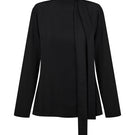 Black tie neck blouse from DELEGAN displayed on a ghost mannequin, showcasing its elegant design and classic shirt style.