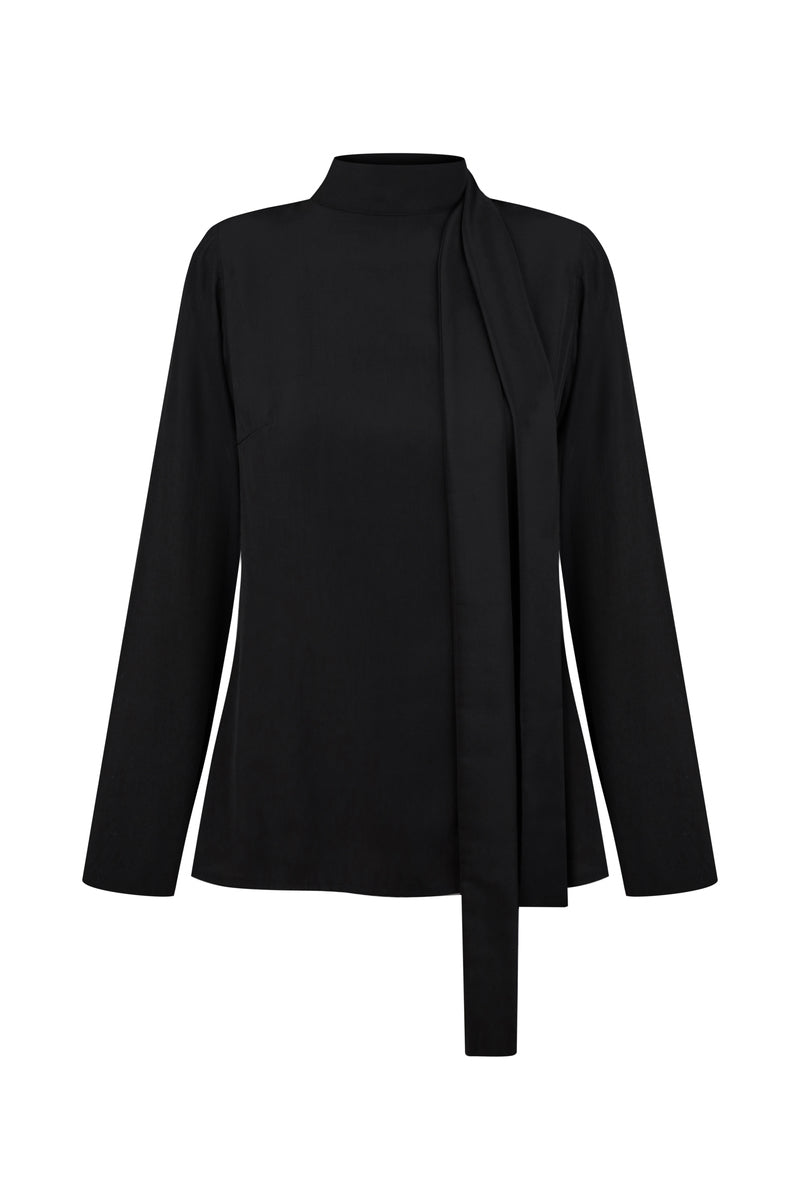 Black tie neck blouse from DELEGAN displayed on a ghost mannequin, showcasing its elegant design and classic shirt style.