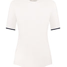 White short sleeve bodysuit by Delegan displayed on a ghost mannequin, showcasing the front view of the fitted top.