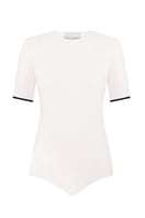 White short sleeve bodysuit by Delegan displayed on a ghost mannequin, showcasing the front view of the fitted top.
