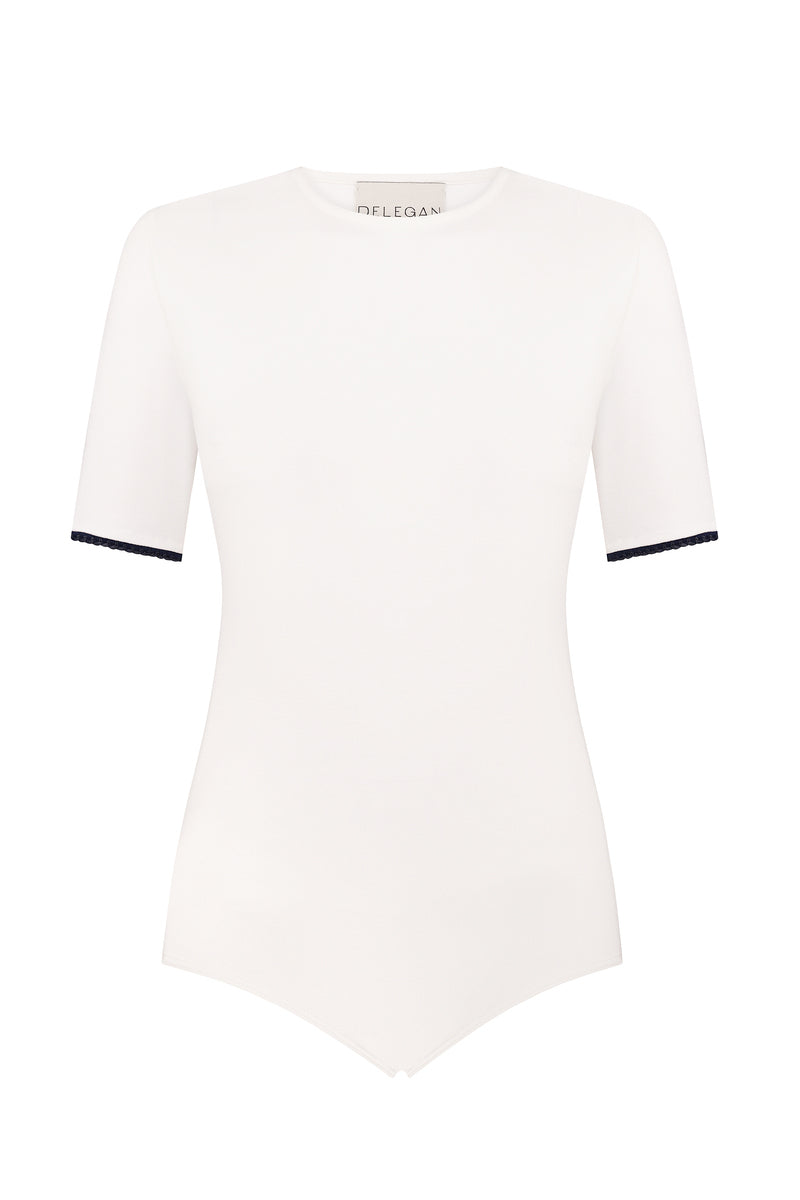 White short sleeve bodysuit by Delegan displayed on a ghost mannequin, showcasing the front view of the fitted top.