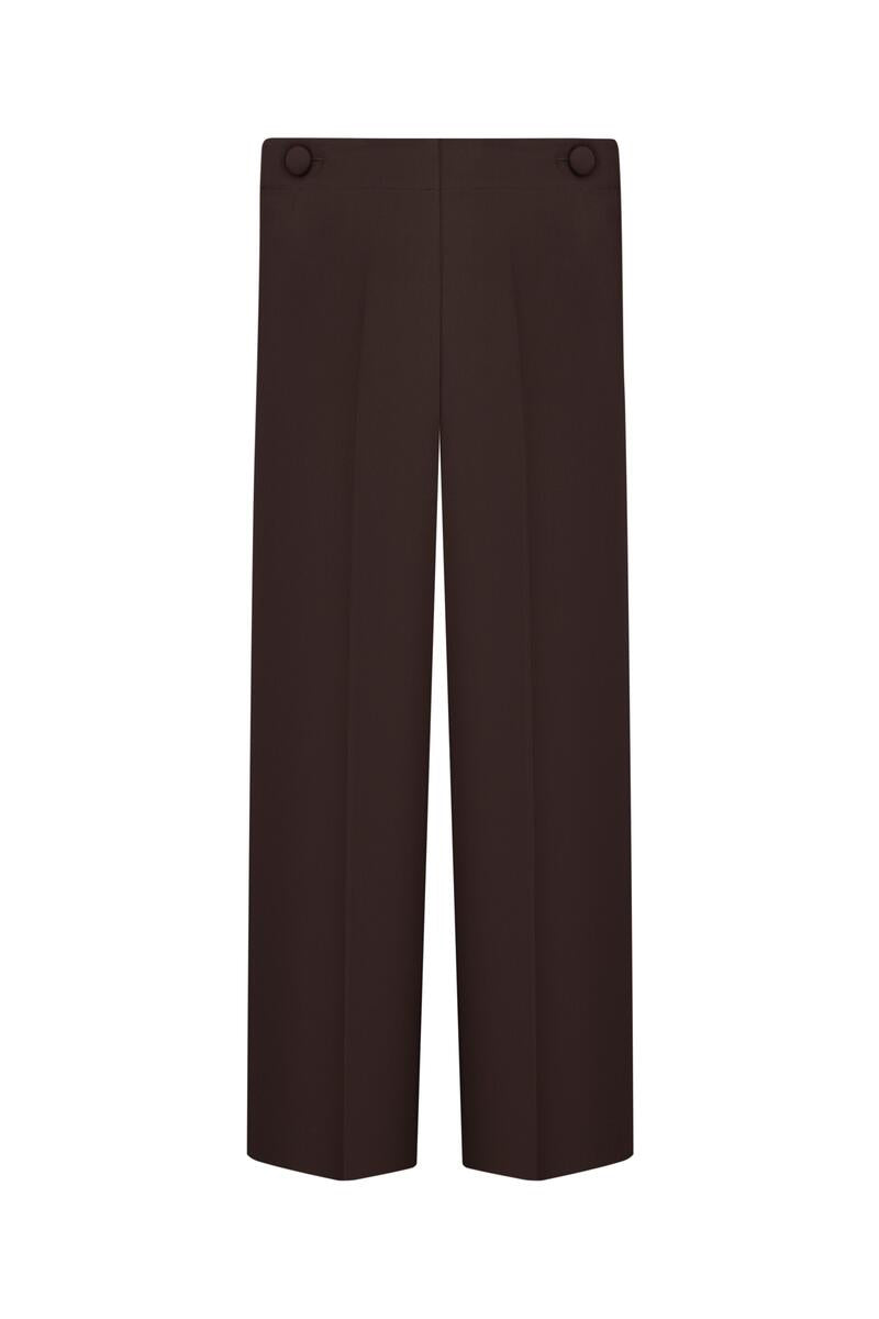 DELEGAN Architect brown trousers on ghost mannequin, front view showcasing tailored pants with a modern fit.