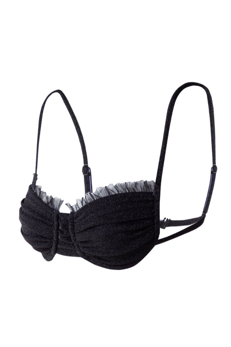 Suncillo Gina sparkly black bikini top with adjustable straps and shimmering fabric, designed for stylish beachwear.