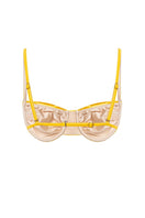 Suncillo Gina glossy bikini top in Sicily yellow with adjustable straps, shown on a mannequin. Bright, stylish swimwear for summer.