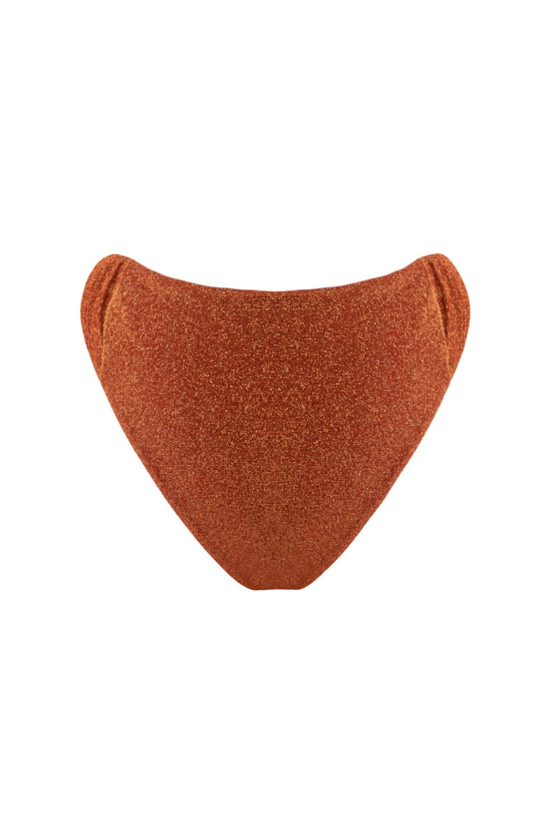 Suncillo Gina sparkly terracotta bikini bottom with shimmering fabric and classic cut, perfect for beachwear or poolside lounging.