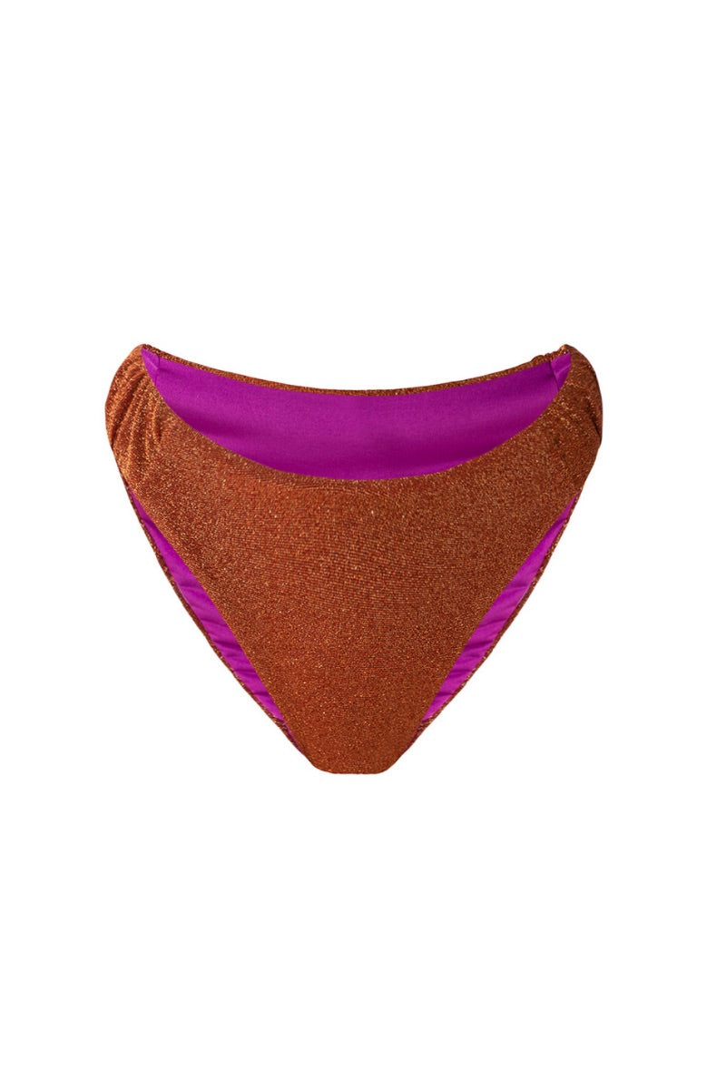 Suncillo Gina sparkly terracotta bikini bottom with shimmering fabric and a high-cut design, displayed on a flat lay.