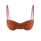 Suncillo Gina sparkly terracotta bikini top with adjustable straps and shimmering fabric, designed for stylish beachwear.