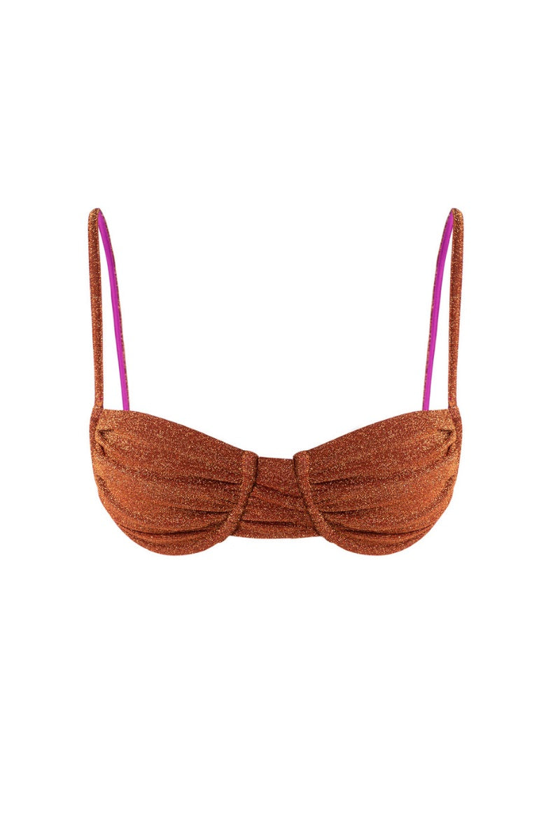 Suncillo Gina sparkly terracotta bikini top with adjustable straps and shimmering fabric, designed for stylish beachwear.