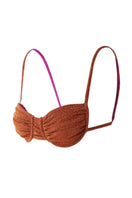 Suncillo Gina sparkly terracotta bikini top with adjustable straps and shimmering fabric, perfect for beachwear and swimming.