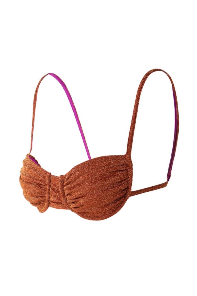 Suncillo Gina sparkly terracotta bikini top with adjustable straps and shimmering fabric, perfect for beachwear and swimming.