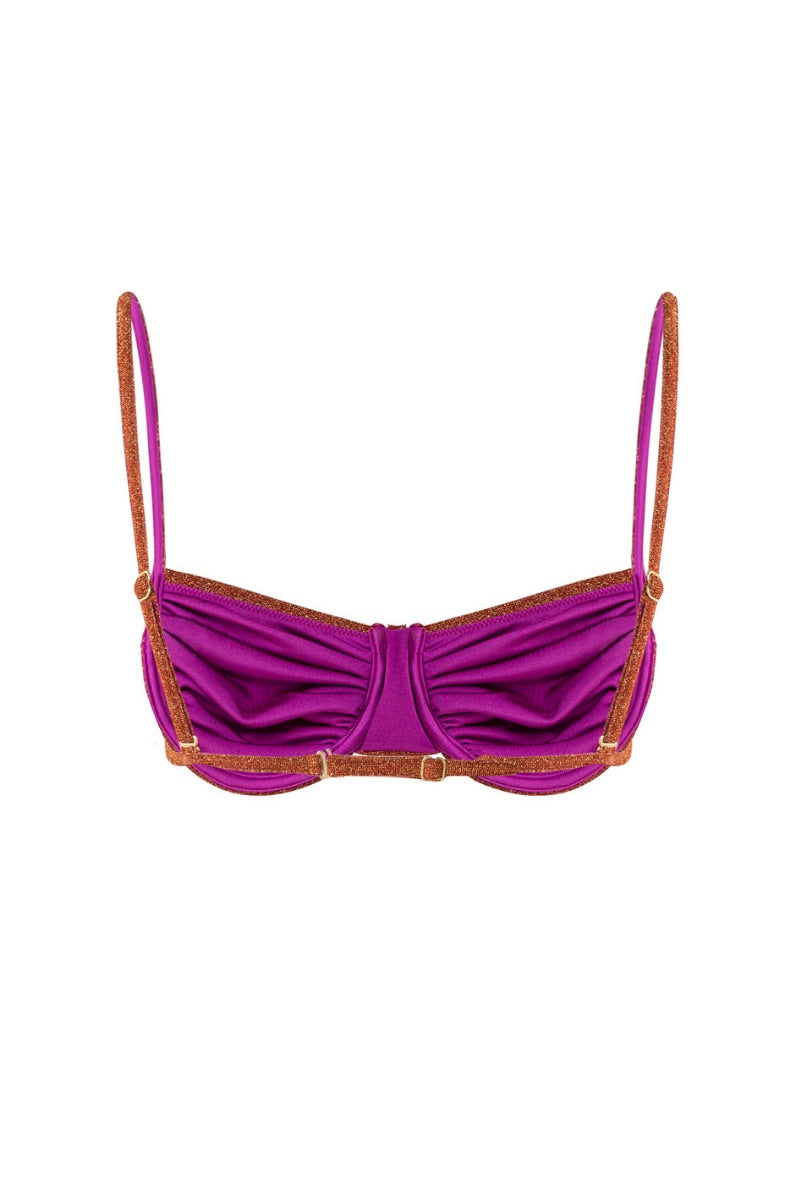 Suncillo Gina sparkly terracotta bikini top with adjustable straps and shimmering fabric, designed for stylish beachwear.