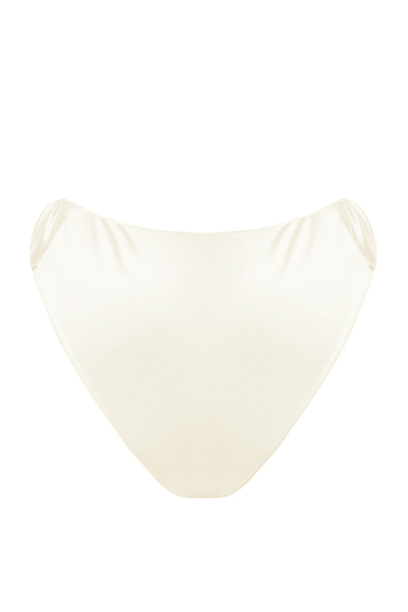 Suncillo Gina Glossy Bikini Bottom in white pearl fabric, featuring a sleek, shiny design with a comfortable fit.