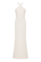 Elegant off-shoulder GISEL cream maxi evening dress from UNDRESS, flowing fabric and long silhouette for formal occasions.
