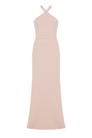 Dusty rose off-shoulder maxi evening dress by UNDRESS, flowing fabric with elegant long sleeves and a graceful silhouette.