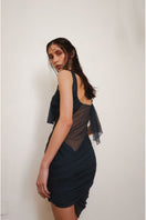 Black YASSMIN SALEH Glimpse Dress midi dress with teal back detail, shown from the rear view.