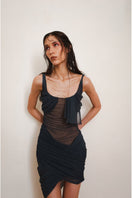 Front view of YASSMIN SALEH Glimpse Black Midi Dress, stylish and elegant with a fitted silhouette and sleeveless design.