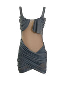 YASSMIN SALEH Glimpse Dress in black, stylish midi dress with a ghostly teal front design, perfect for elegant occasions.