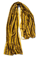 Gold Brocot silk stole by Amel Batita, luxurious scarf with intricate brocot pattern, perfect for elegant shawl styling.
