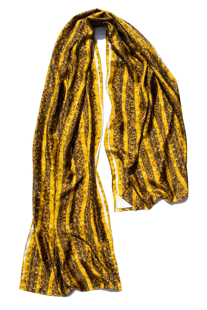 Gold Brocot silk stole by Amel Batita, luxurious scarf with intricate brocot pattern, perfect for elegant shawl styling.