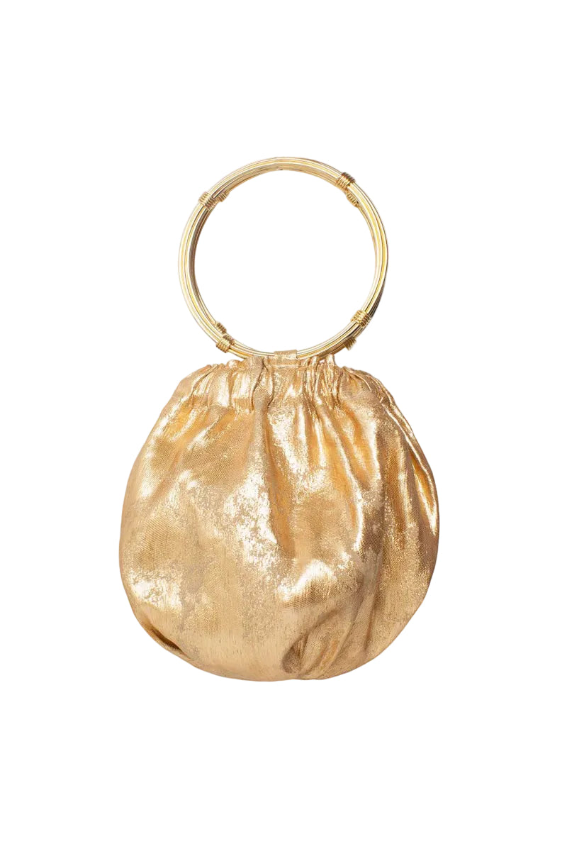 Gold Alice Wristlet by Sarah's Bag featuring a sleek gold top handle design with elegant detailing.