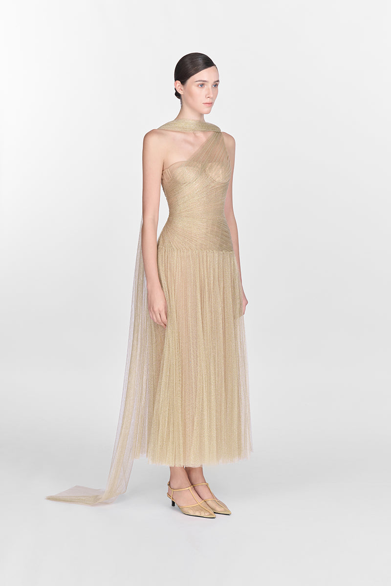 GOLD DRAPED MIDI DRESS - CULT MIA