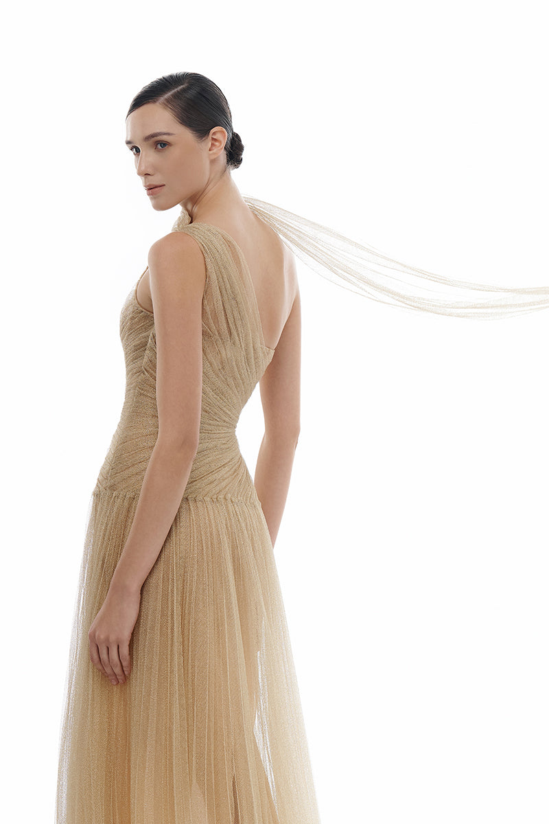GOLD DRAPED MIDI DRESS - CULT MIA