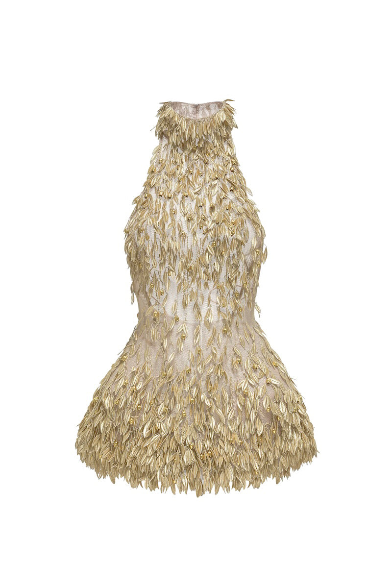 Gold high neck jumpsuit by Montsand, featuring a sleek fit and elegant design, perfect for stylish occasions.