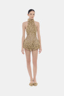Gold high neck jumpsuit by Montsand featuring a sleek fit and stylish design, perfect for elegant occasions.