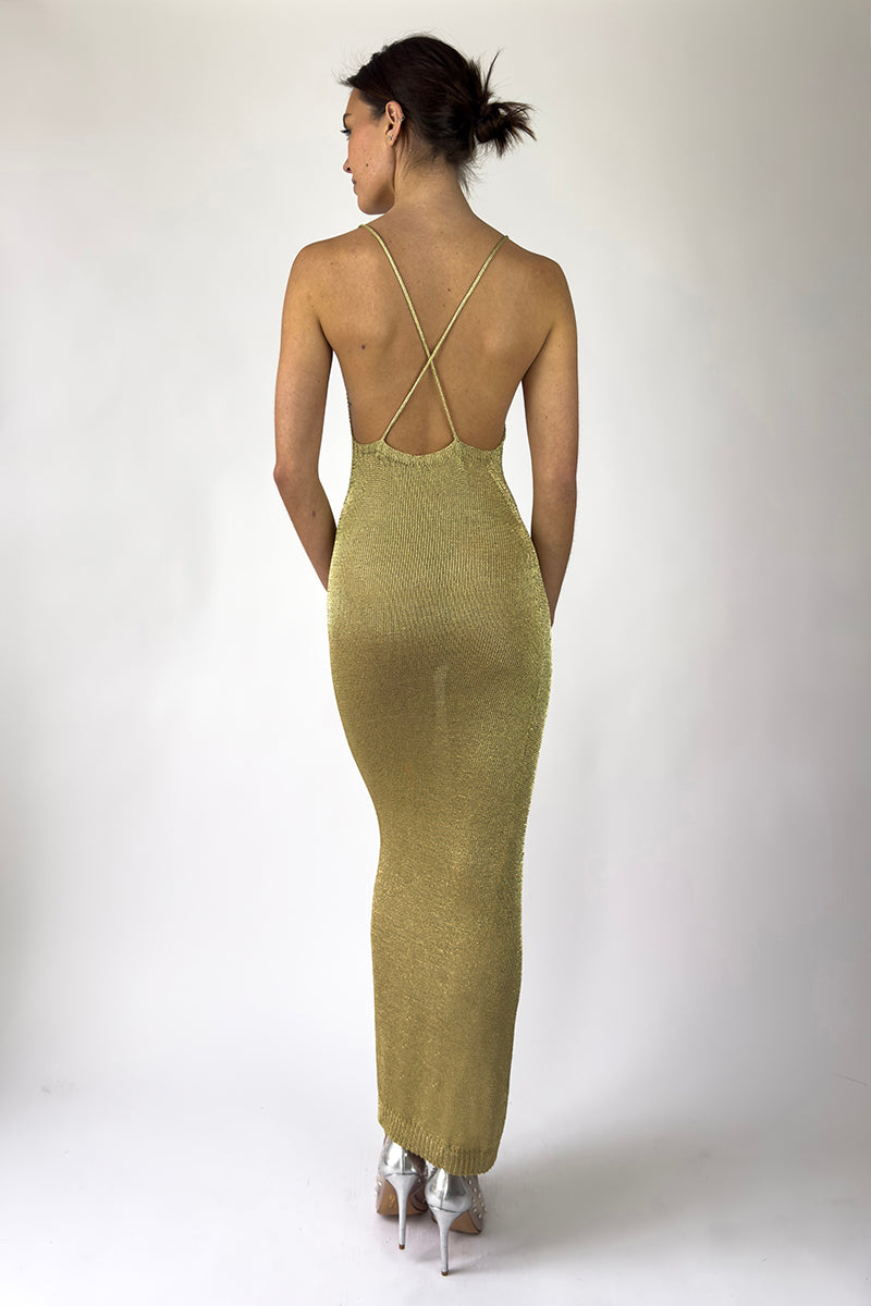 LIGHT GOLD SPARKLY KNIT MAXI DRESS - CULT MIA