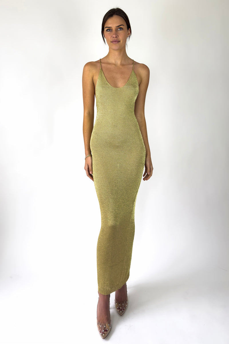 LIGHT GOLD SPARKLY KNIT MAXI DRESS - CULT MIA