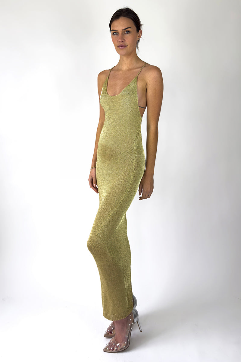 LIGHT GOLD SPARKLY KNIT MAXI DRESS - CULT MIA