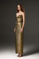 Gold metallic jacquard column gown with lotus petal-shaped detailing from I.H.F Studio, featuring a bustier style and elegant midi length.