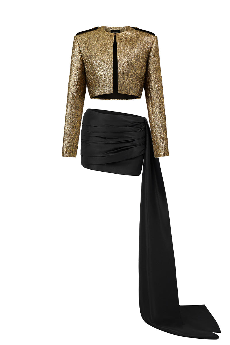 Gold metallic jacquard cropped blazer and mini skirt co-ord set by I.H.F Studio, featuring a stylish, shiny fabric and tailored fit.