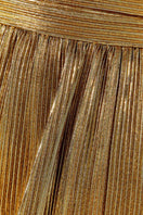 Close-up of SemSem gold plissé pants showing the shimmering pleated fabric and tailored waistband.