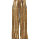 Gold plissé pants by SemSem with a flat front and relaxed fit, showcasing their shiny, textured fabric and stylish design.