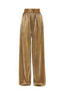 Gold plissé pants by SemSem with a flat front and relaxed fit, showcasing their shiny, textured fabric and stylish design.