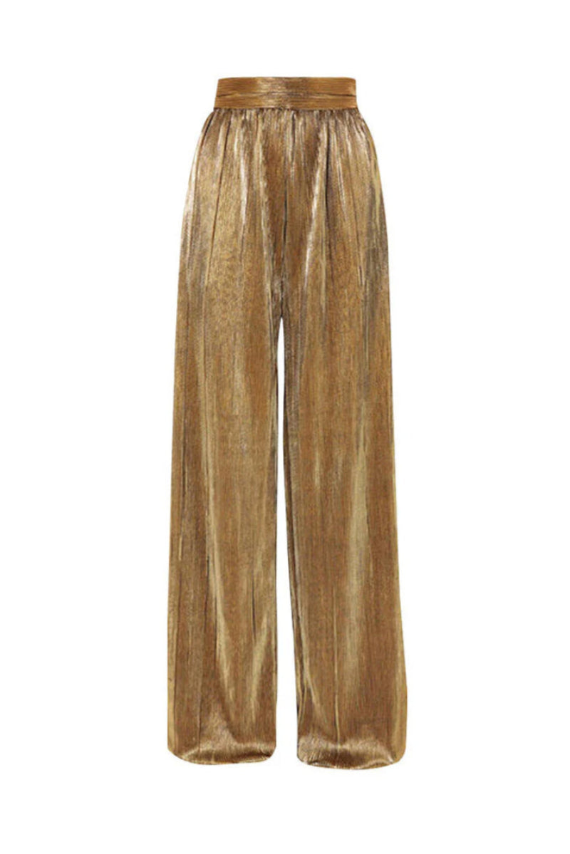 Gold plissé pants by SemSem with a flat front and relaxed fit, showcasing their shiny, textured fabric and stylish design.
