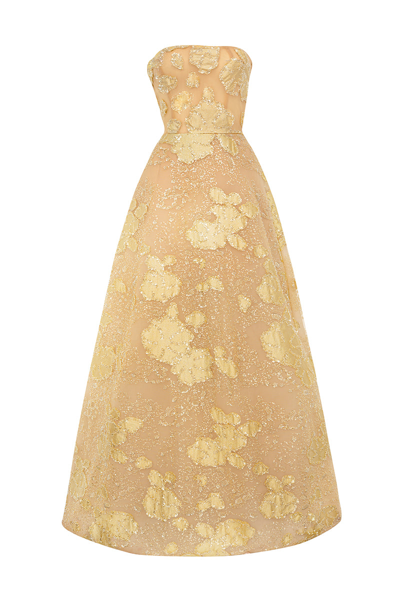 GOLD STRAPLESS CRYSTAL MAXI DRESS IN BEIGE - CULT MIA