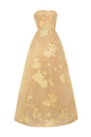 Beige strapless crystal gown by Happy Clothing featuring a gold strapless design and elegant maxi length.