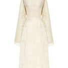 Elegant gold tailored scarf gown by Montsand featuring a midi length, flowing fabric, and sophisticated design.