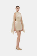 Gold Montsand mini dress with a stylish scarf design, featuring a fitted silhouette and elegant detailing.