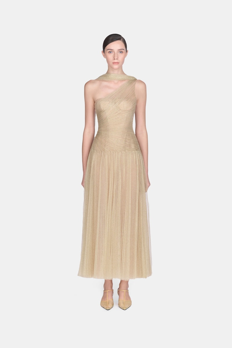 فستان ميدي منقوش باللون الذهبي