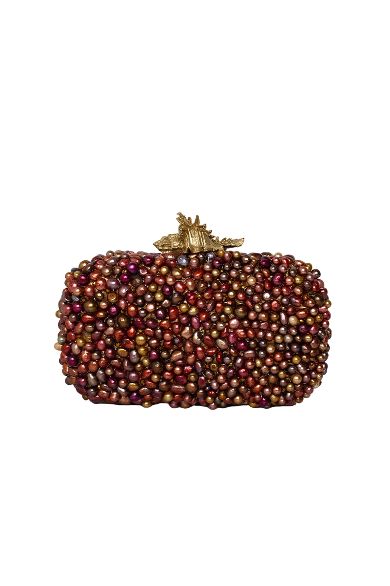 Sarah's Bag Golden Murex Loulou bronze clutch with intricate design and metallic finish, perfect as a stylish evening accessory.