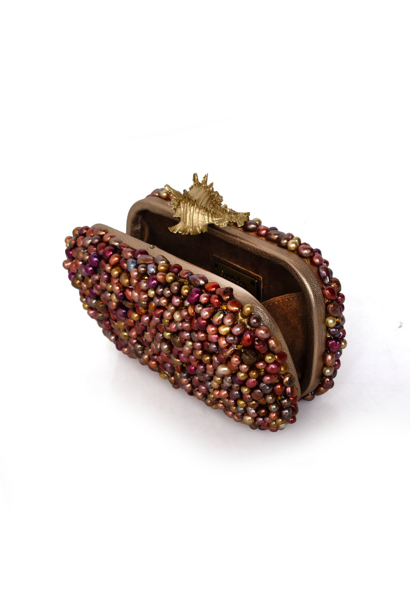 Sarah's Bag Golden Murex Loulou bronze clutch with intricate design and metallic finish, perfect for elegant evening wear.