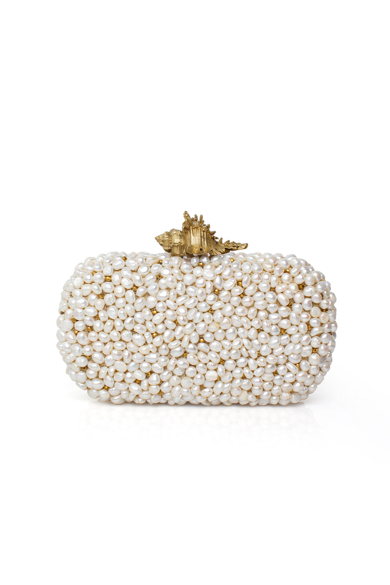 Sarah's Bag Golden Murex Loulou white clutch with gold accents, elegant rectangular design and textured surface.