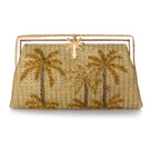 Golden Oasis gold straw Grace clutch by Sarah's Bag featuring a sleek, elegant design with a gold-tone finish and woven straw texture.