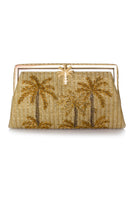 Golden Oasis gold straw Grace clutch by Sarah's Bag featuring a sleek, elegant design with a gold-tone finish and woven straw texture.